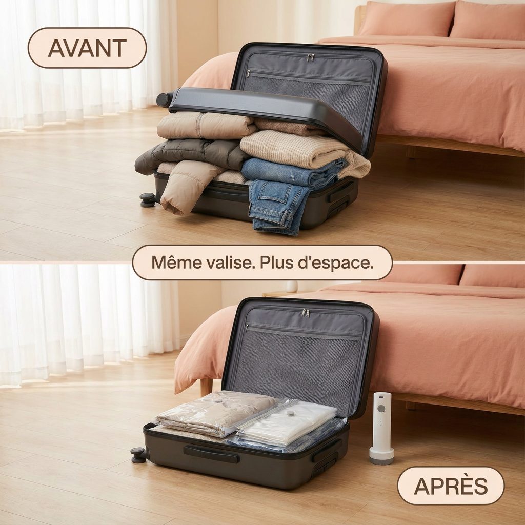 Valise avant et après compression des vêtements avec NovaPower