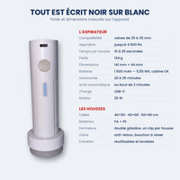 Fiche technique NovaPower : 134 g, 141 mm, USB-C, jusqu'à 4 500 Pa, arrêt automatique