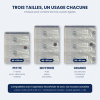 Les trois tailles de housses NovaPower : 40x50, 40x60 et 50x60 cm, et leur usage