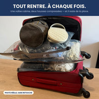 Valise cabine ouverte avec deux housses compressées NovaPower : tout rentre