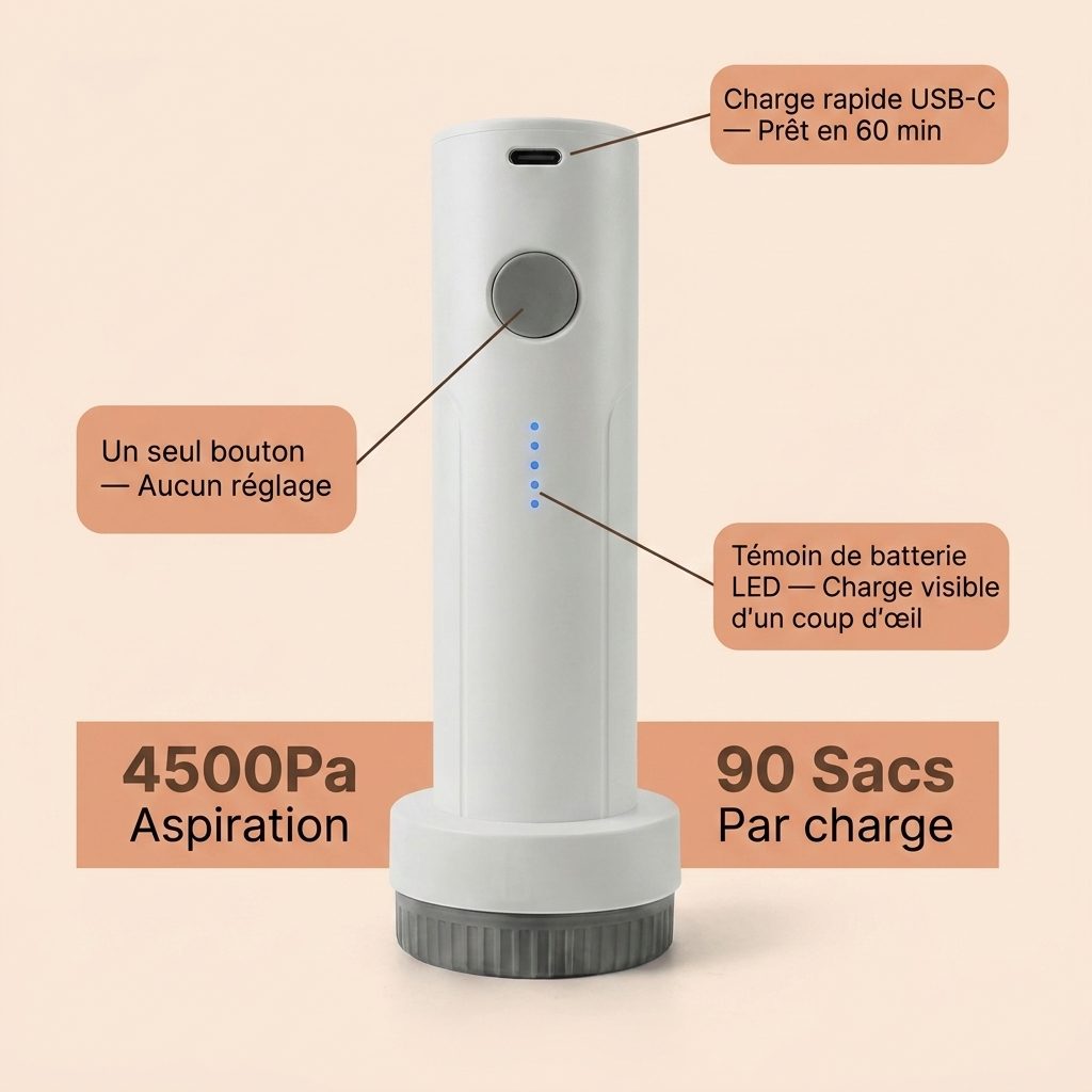 Détail du mini aspirateur NovaPower : bouton unique, port USB-C et témoin de batterie