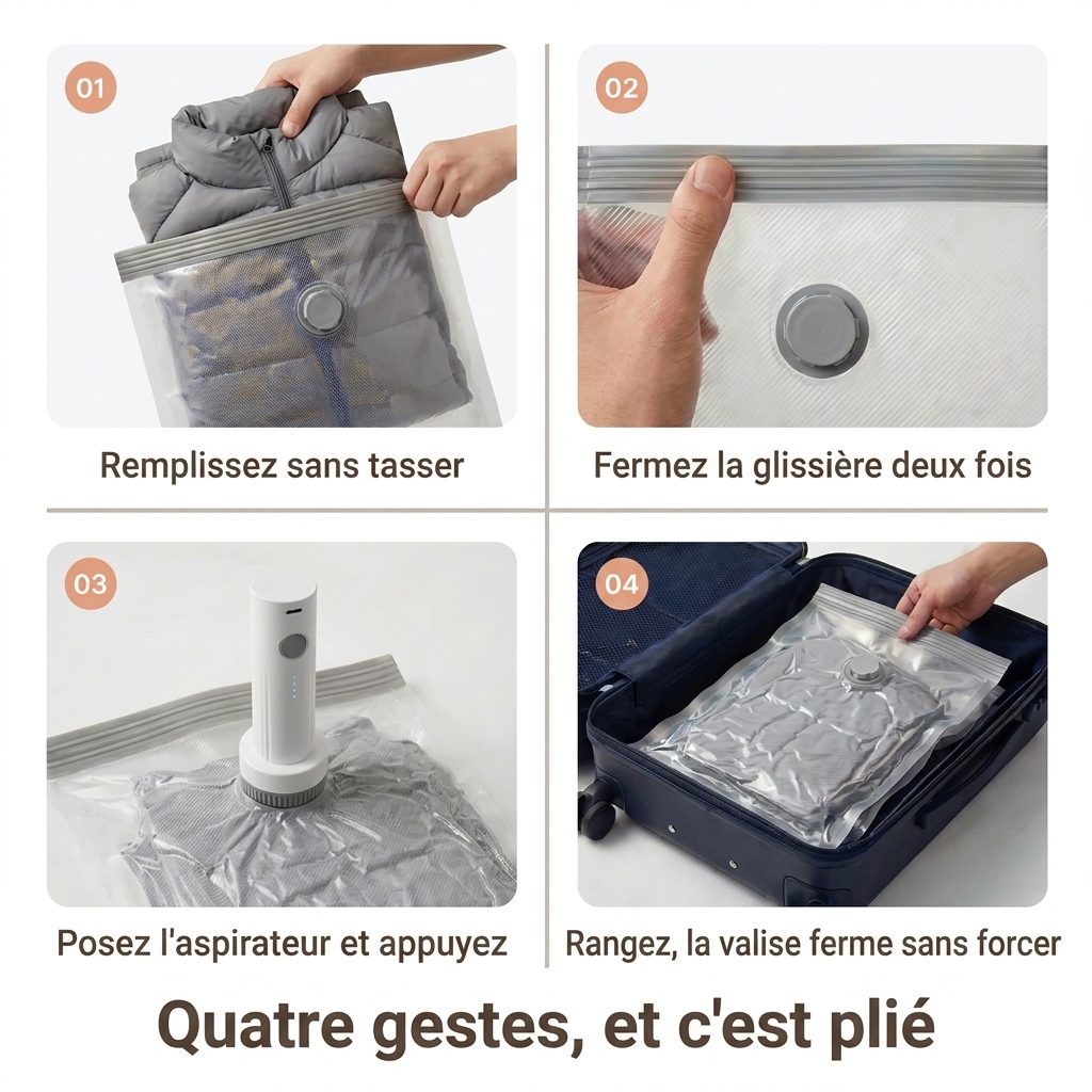 Compression d'une housse de vêtements avec le mini aspirateur NovaPower