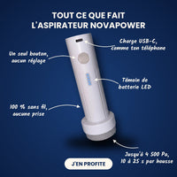 Tout ce que fait l'aspirateur NovaPower : un seul bouton, charge USB-C, témoin LED, sans fil, jusqu'à 4 500 Pa