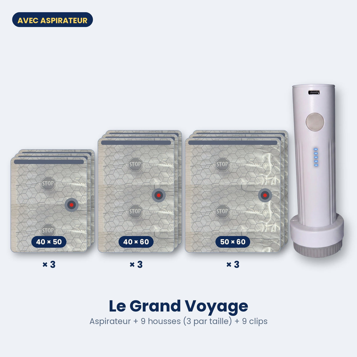 Pack Le Grand Voyage : aspirateur NovaPower + 9 housses, 3 par taille